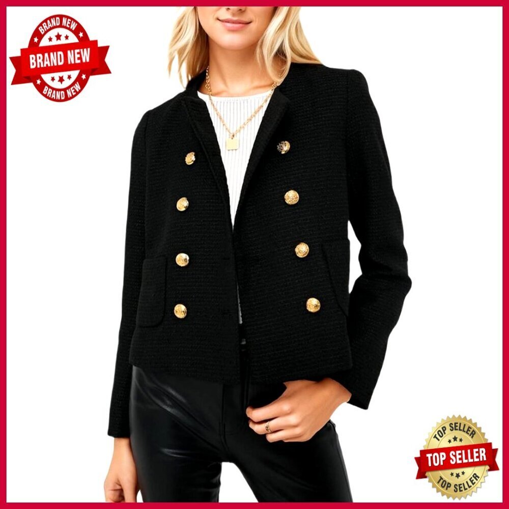 Cropped Tweed Blazer Long Sleeve Open Front Work Casual Business Jacket